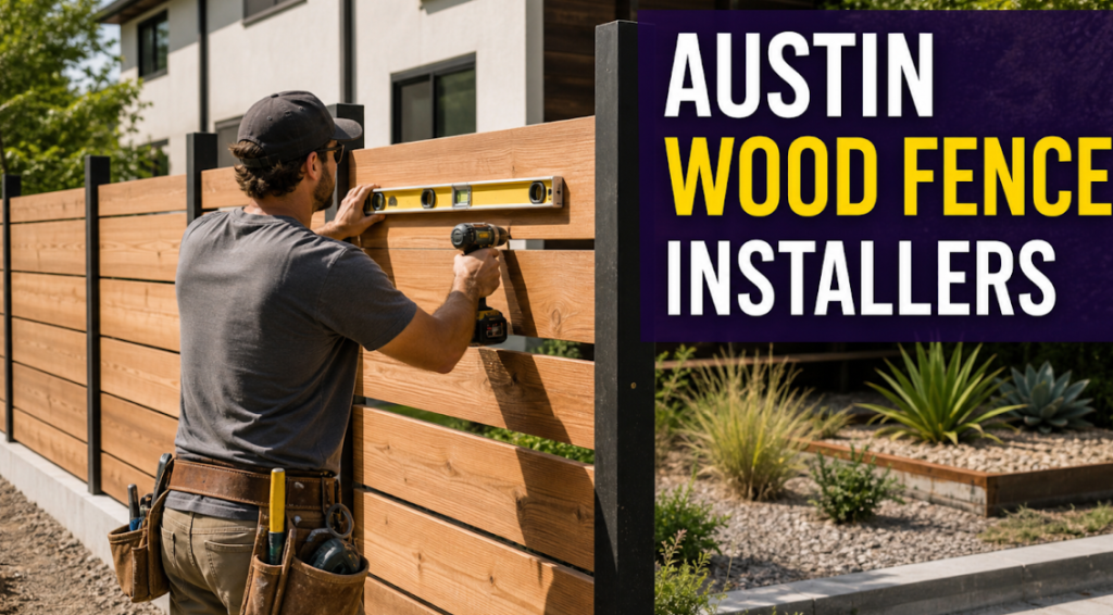 Fence installer levels horizontal cedar boards between black metal posts in a bright Austin backyard, representing a shortlist of wood-fence contractors for privacy and modern designs.