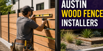 Fence installer levels horizontal cedar boards between black metal posts in a bright Austin backyard, representing a shortlist of wood-fence contractors for privacy and modern designs.