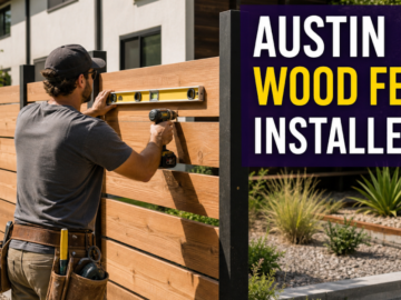 Fence installer levels horizontal cedar boards between black metal posts in a bright Austin backyard, representing a shortlist of wood-fence contractors for privacy and modern designs.