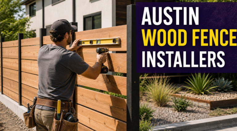 Fence installer levels horizontal cedar boards between black metal posts in a bright Austin backyard, representing a shortlist of wood-fence contractors for privacy and modern designs.